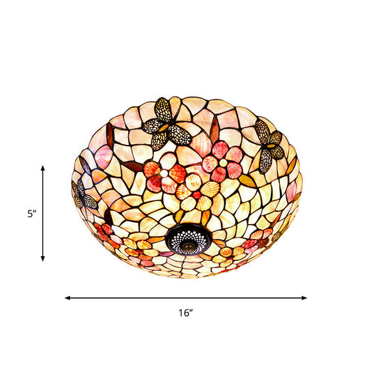 Shell Beige Tiffany Flushmount Ceiling Fixture With Butterfly-Flower Pattern 3/4 Lights 16/20.5W