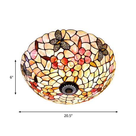Shell Beige Tiffany Flushmount Ceiling Fixture With Butterfly-Flower Pattern 3/4 Lights 16/20.5W