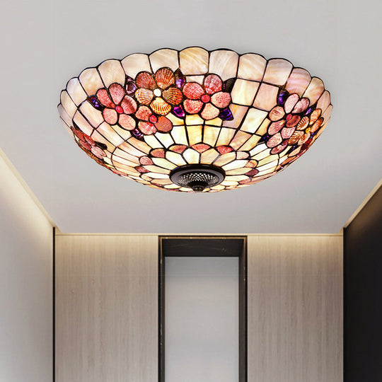 Flushmount Tiffany Shell Ceiling Light Fixture With Peony Pattern Pink 3/4 Bulbs Various Sizes