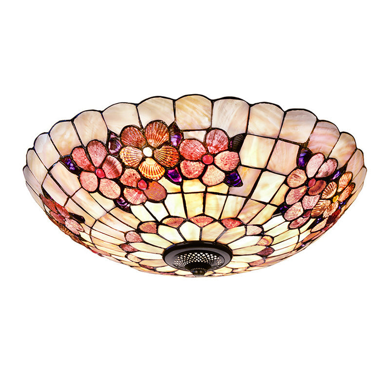 Flushmount Tiffany Shell Ceiling Light Fixture With Peony Pattern Pink 3/4 Bulbs Various Sizes