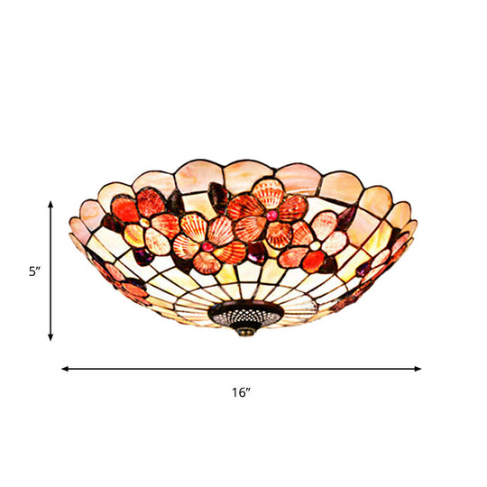 Flushmount Tiffany Shell Ceiling Light Fixture With Peony Pattern Pink 3/4 Bulbs Various Sizes
