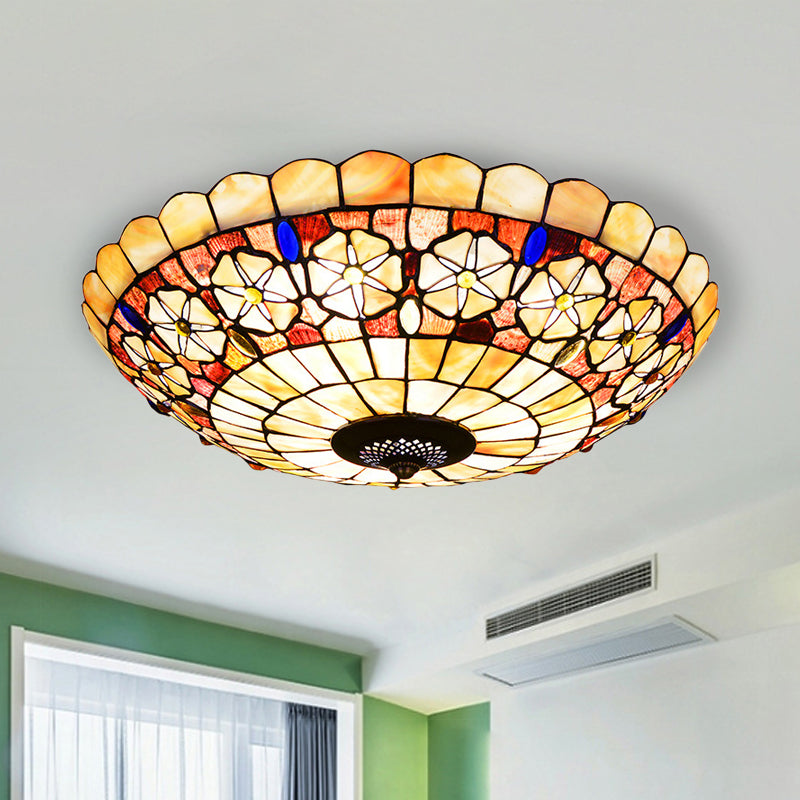 Tiffany Bowl Shell Ceiling Lamp With Blossom Pattern - 12/21 Dia 3/4-Light Flush Mount Beige / 21