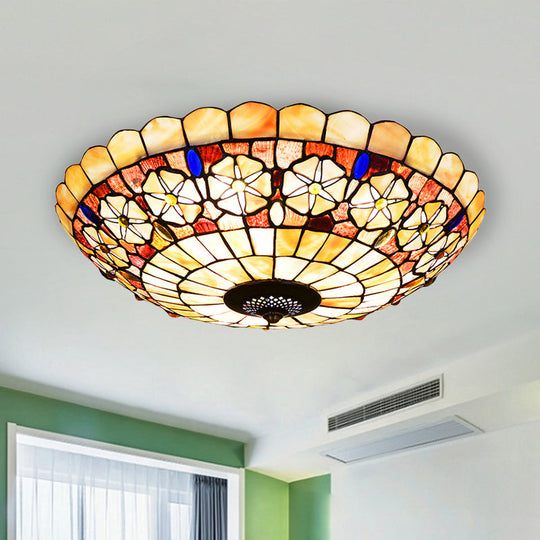 Tiffany Bowl Shell Ceiling Lamp With Blossom Pattern - 12/21 Dia 3/4-Light Flush Mount Beige / 21
