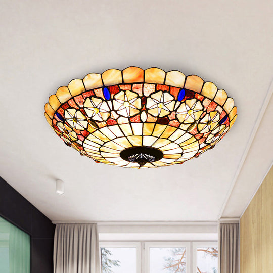 Tiffany Bowl Shell Ceiling Lamp With Blossom Pattern - 12’/21’ Dia 3/4 - Light Flush Mount Beige