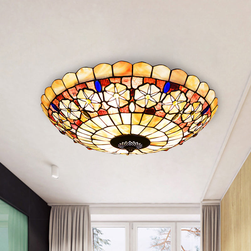 Tiffany Bowl Shell Ceiling Lamp With Blossom Pattern - 12/21 Dia 3/4-Light Flush Mount Beige