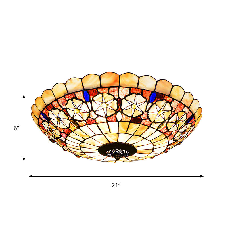 Tiffany Bowl Shell Ceiling Lamp With Blossom Pattern - 12/21 Dia 3/4-Light Flush Mount Beige