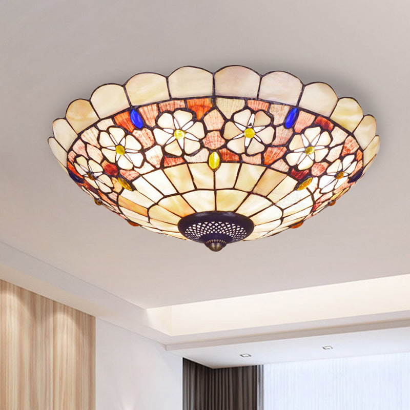 Tiffany Bowl Shell Ceiling Lamp With Blossom Pattern - 12/21 Dia 3/4-Light Flush Mount Beige / 16