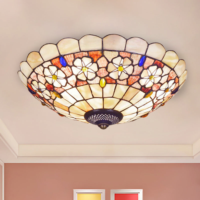 Tiffany Bowl Shell Ceiling Lamp With Blossom Pattern - 12/21 Dia 3/4-Light Flush Mount Beige