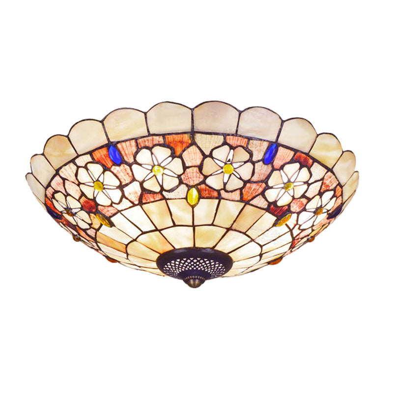 Tiffany Bowl Shell Ceiling Lamp With Blossom Pattern - 12’/21’ Dia 3/4 - Light Flush Mount Beige