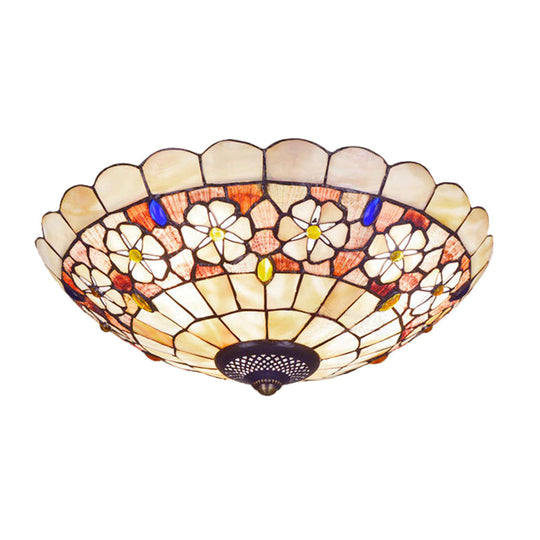 Tiffany Bowl Shell Ceiling Lamp With Blossom Pattern - 12’/21’ Dia 3/4 - Light Flush Mount Beige