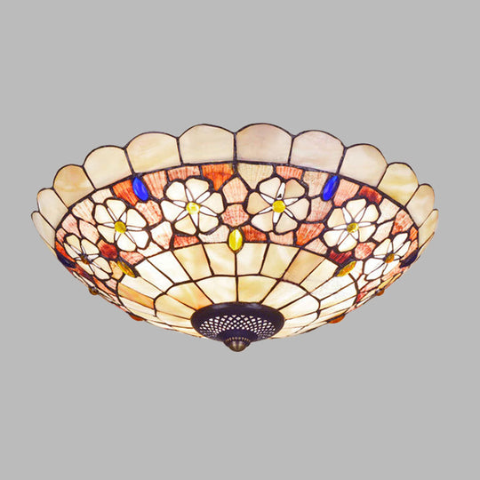 Tiffany Bowl Shell Ceiling Lamp With Blossom Pattern - 12’/21’ Dia 3/4 - Light Flush Mount Beige
