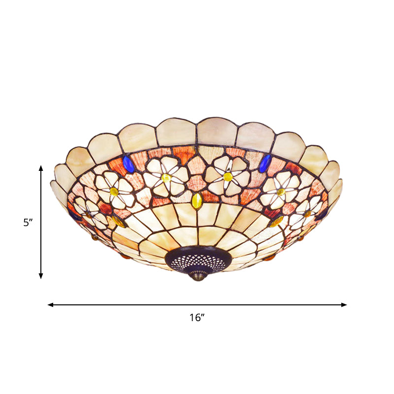 Tiffany Bowl Shell Ceiling Lamp With Blossom Pattern - 12/21 Dia 3/4-Light Flush Mount Beige