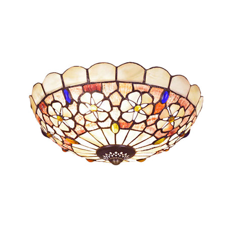 Tiffany Bowl Shell Ceiling Lamp With Blossom Pattern - 12/21 Dia 3/4-Light Flush Mount Beige
