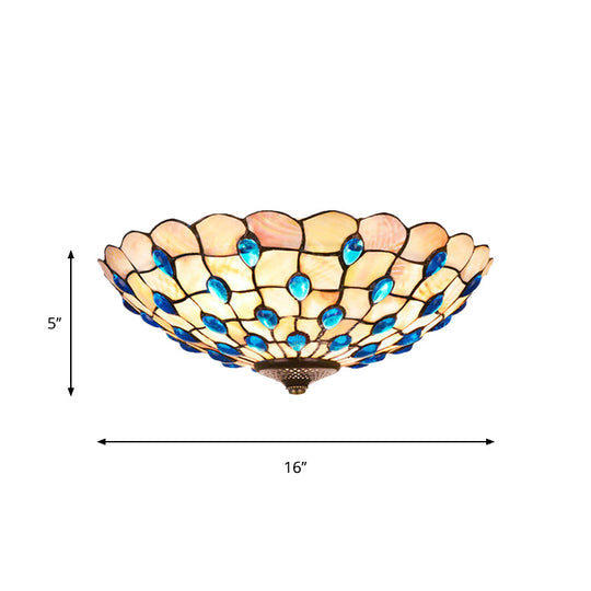 Tiffany Shell Blue Flush Ceiling Light Jeweled Bowl 3/4 Bulbs 16/21 Wide - Stylish Flushmount