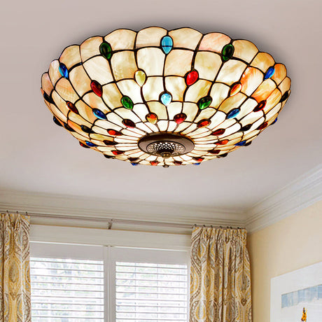 Tiffany Beige Shell Flush Mount Ceiling Light - 3/4-Light Cabochons-Embellished Ideal For Living