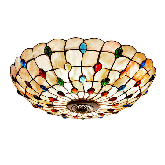 Tiffany Beige Shell Flush Mount Ceiling Light - 3/4-Light Cabochons-Embellished Ideal For Living