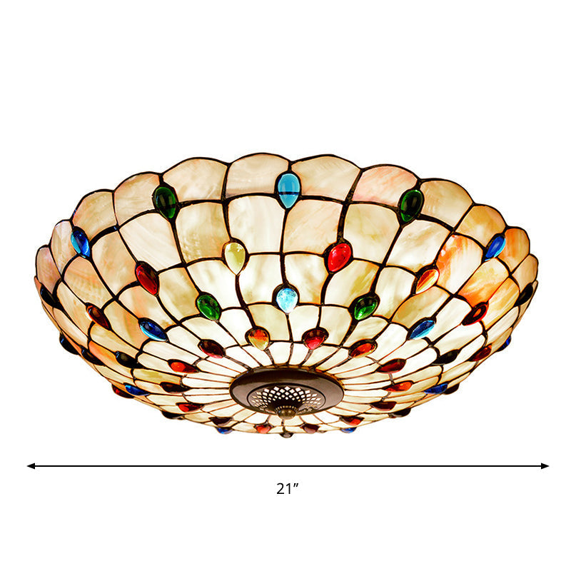 Tiffany Beige Shell Flush Mount Ceiling Light - 3/4-Light Cabochons-Embellished Ideal For Living