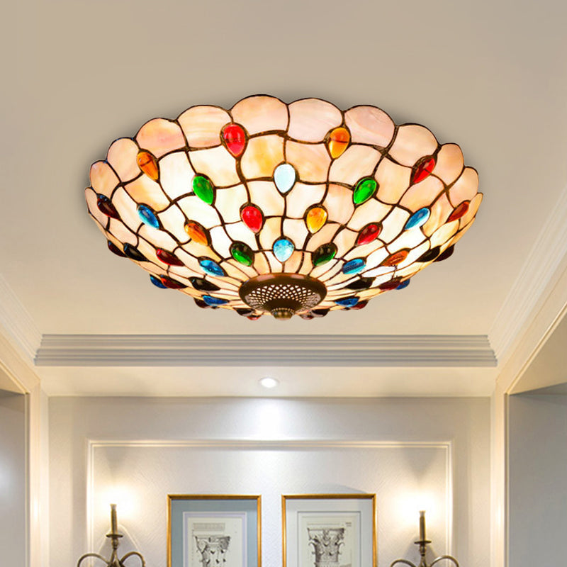 Tiffany Beige Shell Flush Mount Ceiling Light - 3/4-Light Cabochons-Embellished Ideal For Living
