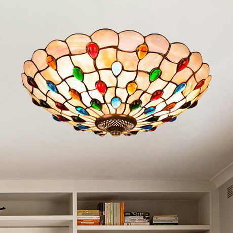 Tiffany Beige Shell Flush Mount Ceiling Light - 3/4-Light Cabochons-Embellished Ideal For Living