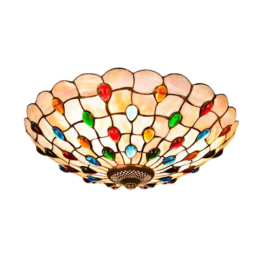 Tiffany Beige Shell Flush Mount Ceiling Light - 3/4-Light Cabochons-Embellished Ideal For Living