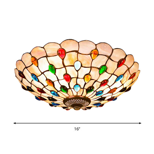 Tiffany Beige Shell Flush Mount Ceiling Light - 3/4 - Light Cabochons - Embellished Ideal For