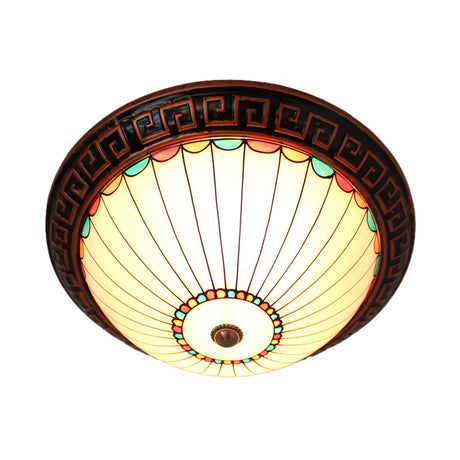 Bronze 2-Bulb Baroque White Glass Dome Ceiling Flush Mount With Scalloped Edge