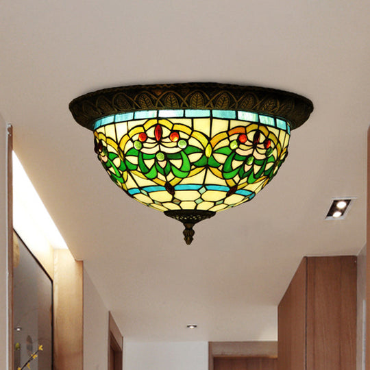 Tiffany Bronze Flush Mount 2 - Bulb Corridor Ceiling Lamp With Stained Glass Shade