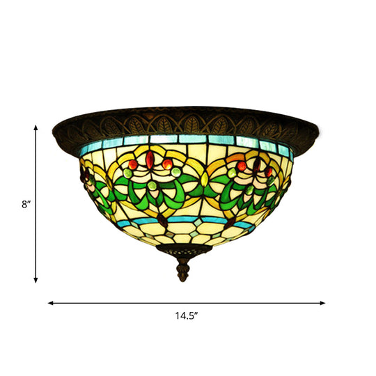 Tiffany Bronze Flush Mount 2-Bulb Corridor Ceiling Lamp With Stained Glass Shade