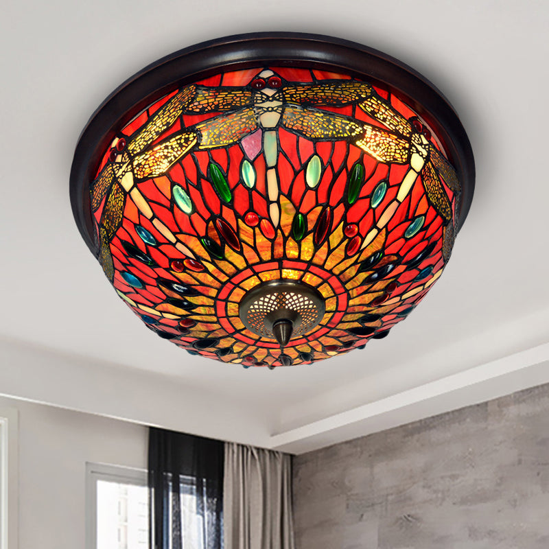 Dome Flush Mount Light: Blue/Red Tiffany Stained Glass Led Ceiling Lamp With Dragonfly Pattern Red