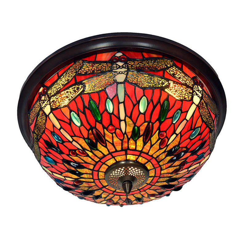 Dome Flush Mount Light: Blue/Red Tiffany Stained Glass Led Ceiling Lamp With Dragonfly Pattern