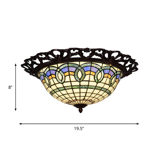 Baroque Bronze Stained Glass Led Ceiling Lamp With Grid Bowl Shape - Flush Mount Lighting
