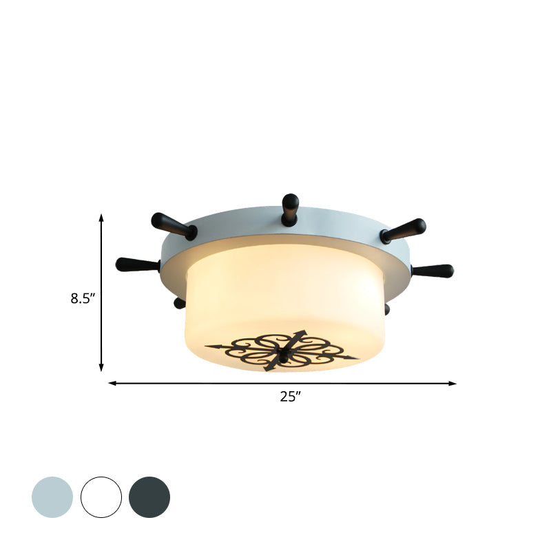 Opal Glass Drum Flush Mount Fixture - 3 Bulbs White/Light Blue/Blackish Green