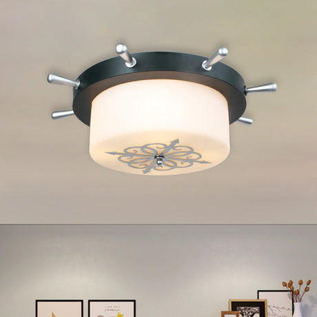 Opal Glass Drum Flush Mount Fixture - 3 Bulbs White/Light Blue/Blackish Green
