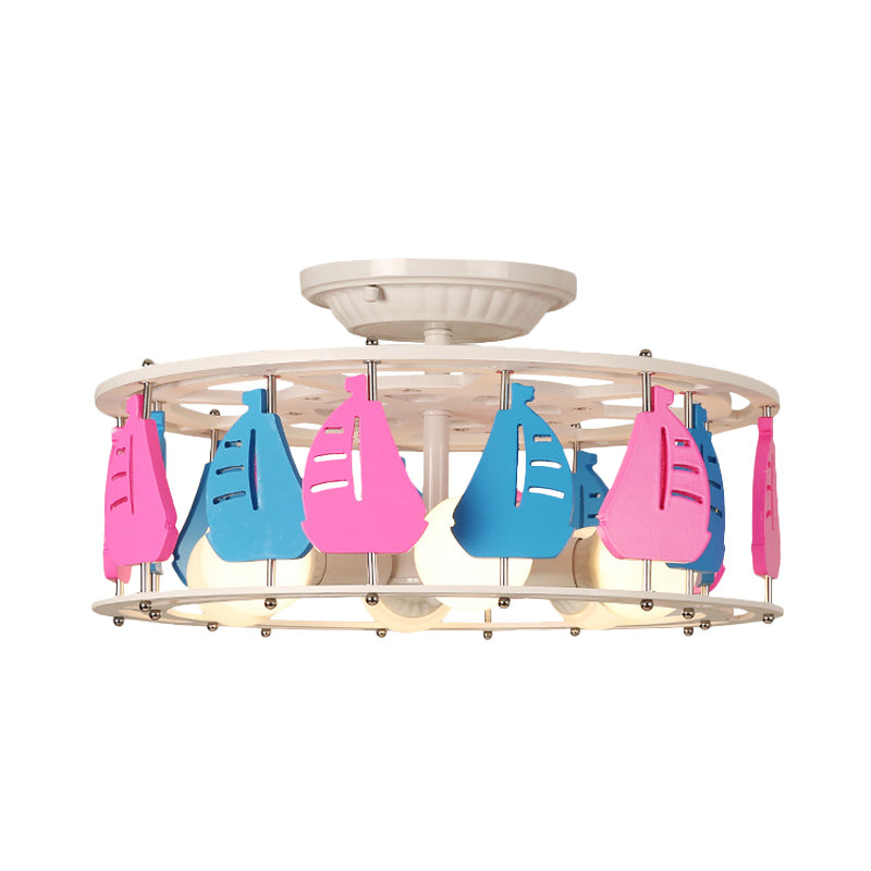 Semi Flush Elephant/Boat/Rudder Lamp With Drum Design For Kids - 5 - Light Wood Fixture In