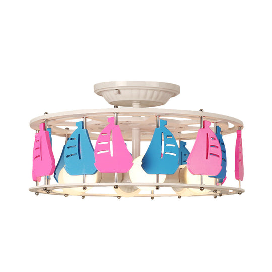Semi Flush Elephant/Boat/Rudder Lamp With Drum Design For Kids - 5 - Light Wood Fixture In