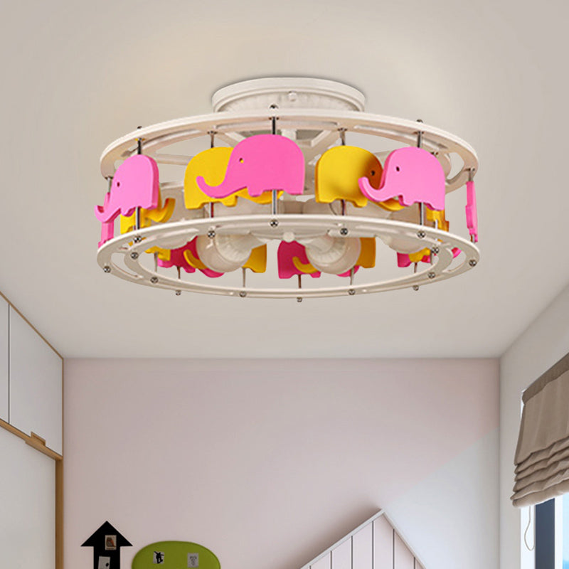 Semi Flush Elephant/Boat/Rudder Lamp With Drum Design For Kids - 5 - Light Wood Fixture In