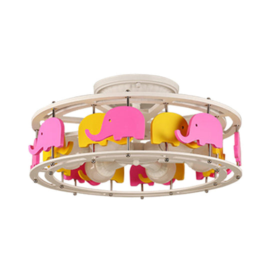 Semi Flush Elephant/Boat/Rudder Lamp With Drum Design For Kids - 5 - Light Wood Fixture In