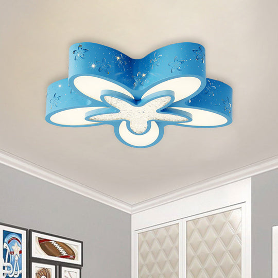 Flower-Shaped Led Cartoon Flush Ceiling Light For Kids Bedrooms In Pink/Blue Blue