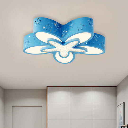 Flower-Shaped Led Cartoon Flush Ceiling Light For Kids Bedrooms In Pink/Blue