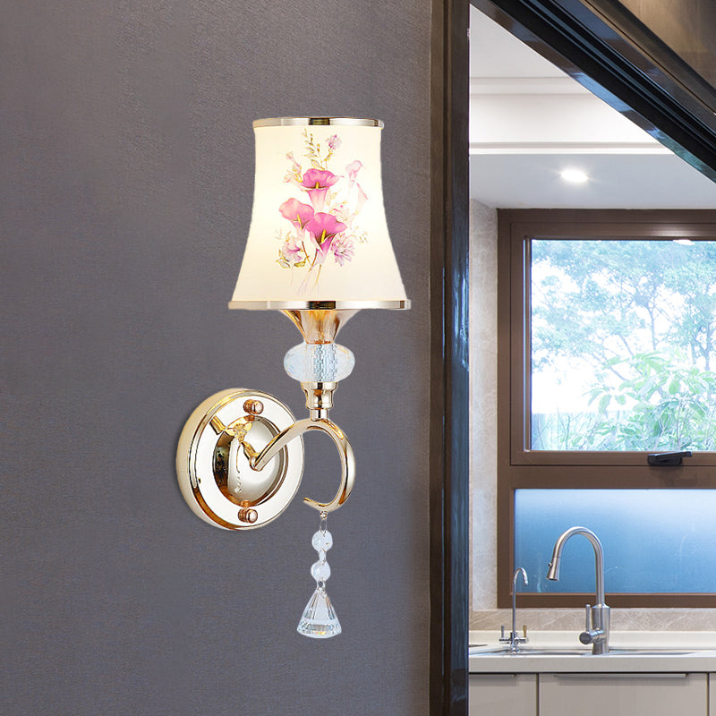 Modernist Gold Wall Mount Lamp With Arced Painted Glass Shade For Bedroom Lighting 1 /