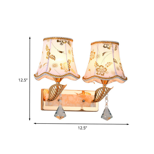 Contemporary 2-Head Wall Lamp In Gold Finish With Patterned Fabric Empire Shade