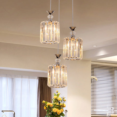 Minimalist Chrome Finish Ceiling Fixture With Clear Crystal Prisms - 3 Head Cylinder Multi-Pendant