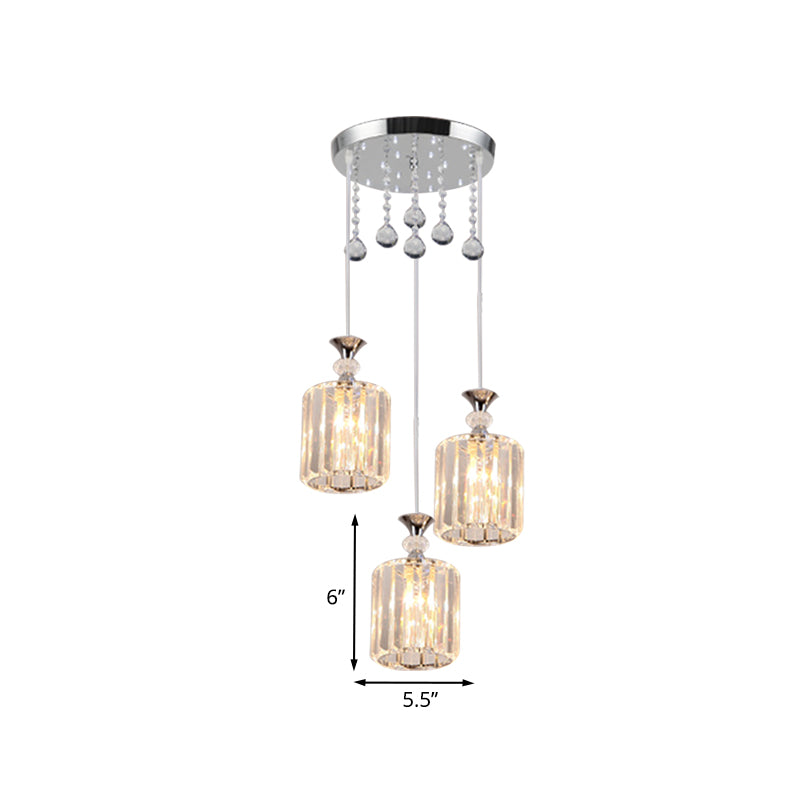 Minimalist Chrome Finish Ceiling Fixture With Clear Crystal Prisms - 3 Head Cylinder Multi-Pendant