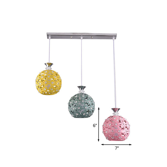 Modern 3-Head Iron Pendant Light With Globe Cluster And Floret Design - Green Yellow Pink