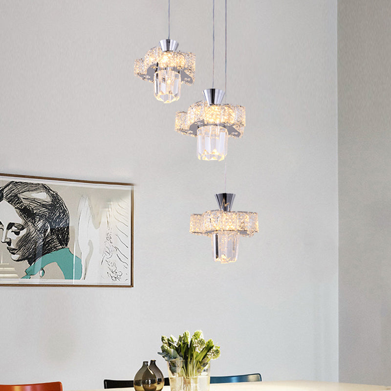 Modern Chrome Windmill Multi Light Pendant With Clear Faceted Crystal - 3-Light Hanging Lamp Kit