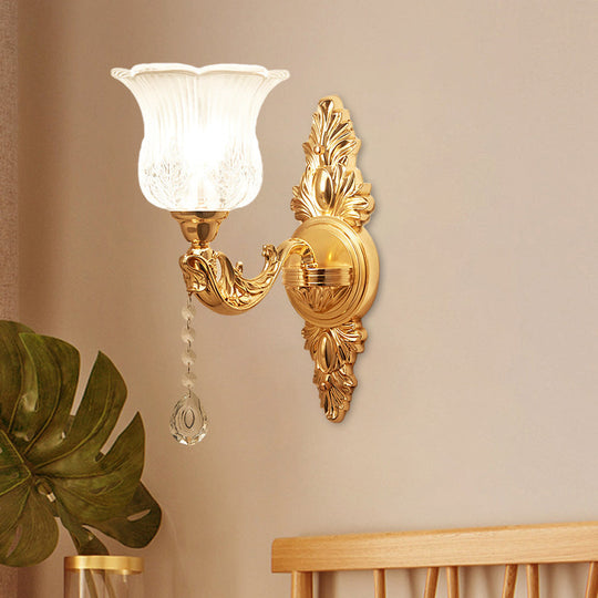 Modernist Crystal Shade Gold Wall Sconce: Elegant Bell Flower Design 1-Light Living Room Lamp /