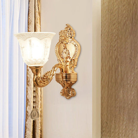 Modernist Crystal Shade Gold Wall Sconce: Elegant Bell Flower Design 1-Light Living Room Lamp