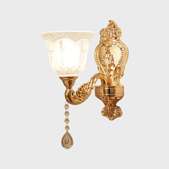 Modernist Crystal Shade Gold Wall Sconce: Elegant Bell Flower Design 1-Light Living Room Lamp
