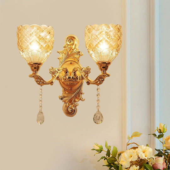 European Gold Textured Crystal Wall Sconce: 2-Light Dome/Flower Up Lamp Fixture / A