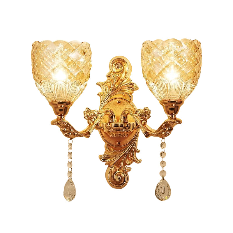 European Gold Textured Crystal Wall Sconce: 2-Light Dome/Flower Up Lamp Fixture